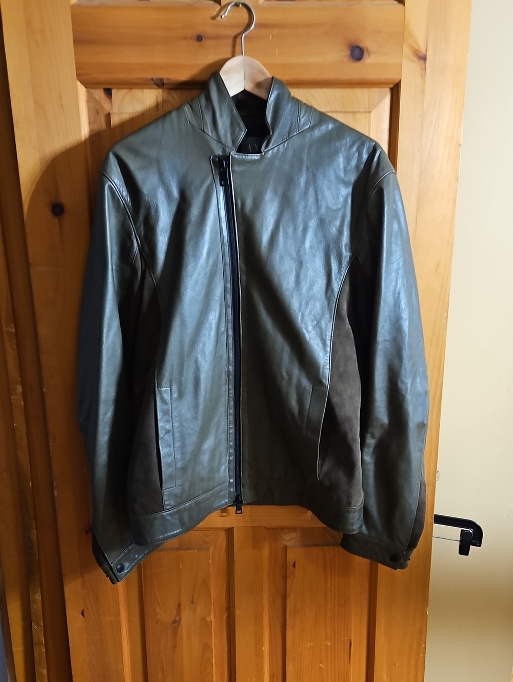Armani Exchange Men's Olive Green Leather Bomber Jacket